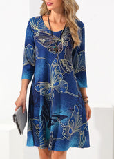 Butterfly Print 3/4 Sleeve Blue Dress