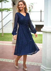 Paisley Lace Panel Navy Blue Drawstring Waist Dress