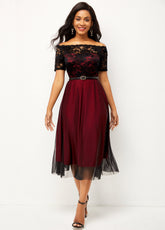 Lace Patchwork Off Shoulder Short Sleeve Dress