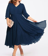 Women's Plus Size A Line Dress Solid Color V Neck 3/4 Length Sleeve Fall Winter Basic Midi Dress Daily Vacation Dress