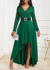 Green High Low V Neck Lace Dress