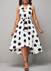 Turndown Collar Polka Dot White Belted Dress