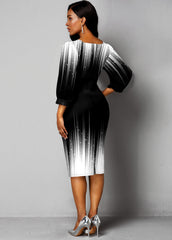 Printed Lantern Sleeve Ombre Sheath Dress
