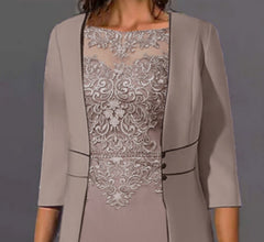 Women's Dress Set Two Piece Dress Midi Dress Light Brown 3/4 Length Sleeve Floral Embroidered Layered Fall Winter Crew Neck Modern Mature 2022 S M L XL XXL 3XL