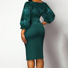 Women's Plus Size Sequin Dress Pure Color V Neck 3/4 Length Sleeve Winter Fall Fashion Elegant Sequins Midi Dress Office Work Dress
