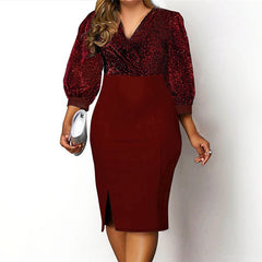 Women's Plus Size Sequin Dress Pure Color V Neck 3/4 Length Sleeve Winter Fall Fashion Elegant Sequins Midi Dress Office Work Dress
