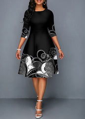 3/4 Sleeve Tribal Print Round Neck Dress