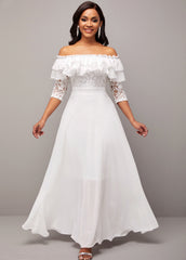Flounce Lace Stitching White Off Shoulder Dress
