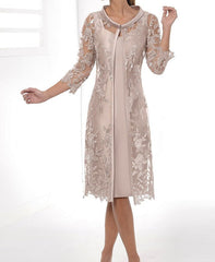 Women's Dress Set Two Piece Dress Sheath Dress Midi Dress Khaki 3/4 Length Sleeve Floral Lace Winter Fall Spring V Neck Fashion Party Wedding Guest Fall Dress 2022 S M L XL 2XL 3XL 4XL