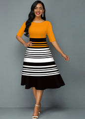 Contrast Striped Round Neck A Line Dress