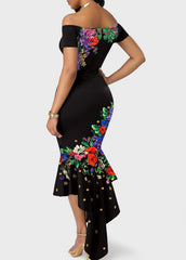 Floral Print Off the Shoulder Black Mermaid Dress