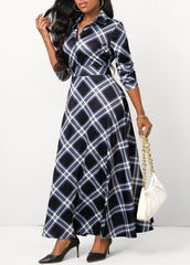Plaid Button Black Shirt Collar Maxi Dress