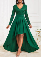 Green High Low V Neck Lace Dress